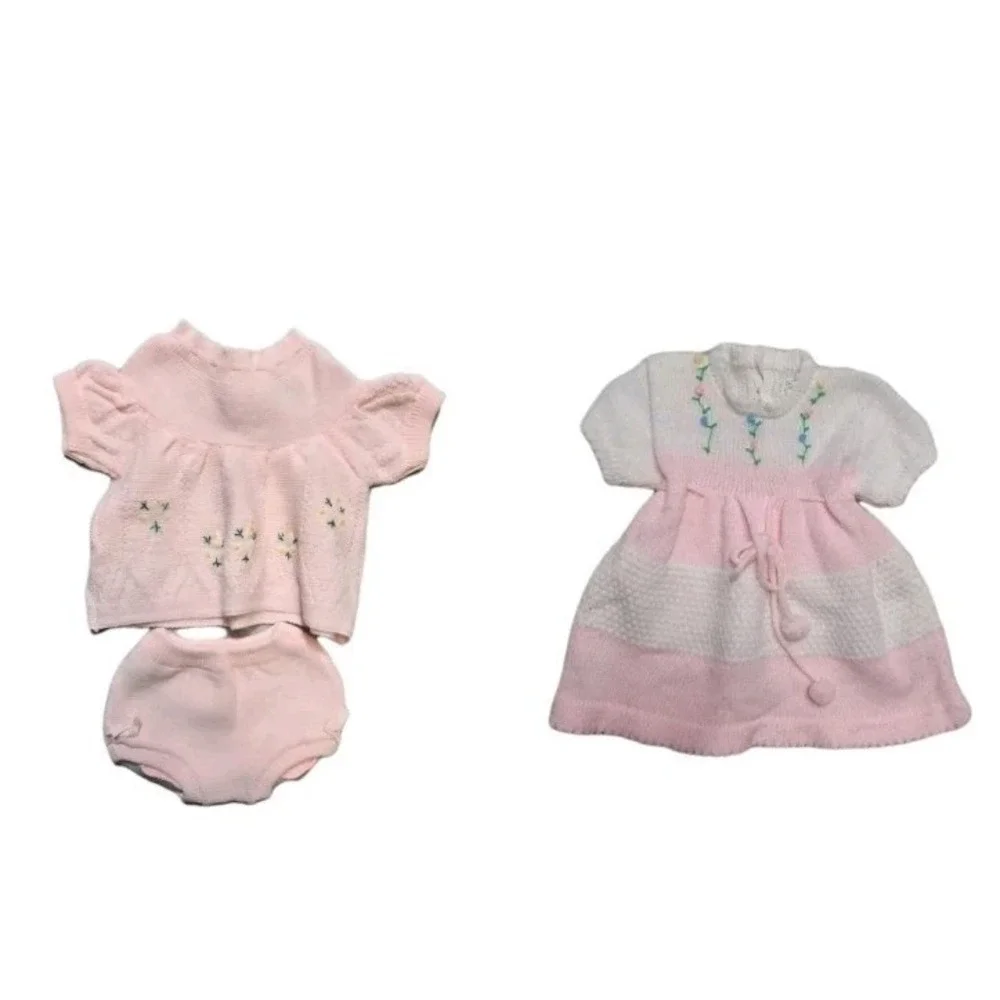 Vintage  Girls Dress Knit Pink White Soft Spun 9 Months  Acrylic Japan  Lot Of 2